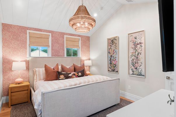 Bedroom, Chandelier, Interior, Recessed Lighting, Wood Texture Flooring