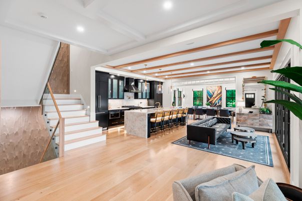 Dining room, Interior, Kitchen, Living room, Pendant Lights, Recessed Lighting, Stainless Steel Appliances, Wood Texture Flooring