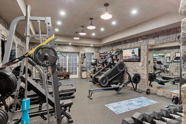 Fitness Equipment, Gym, Interior, Pendant Lights, Recessed Lighting, Stone Walls