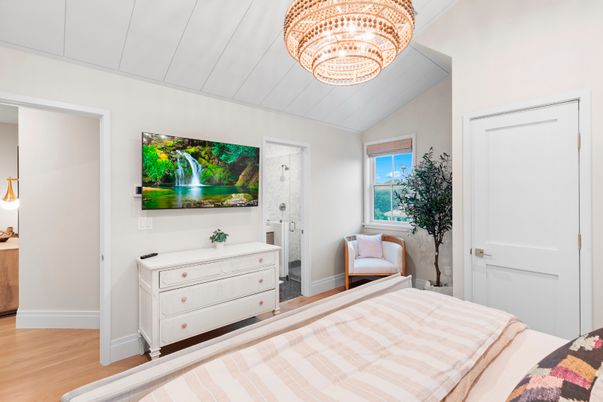 Bedroom, Chandelier, Interior, Wood Texture Flooring