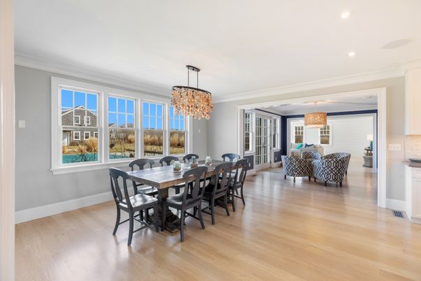 Chandelier, Dining room, Interior, Living room, Pendant Lights, Recessed Lighting, Wood Texture Flooring