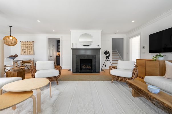 Dining room, Fireplace, Interior, Living room, Pendant Lights, Recessed Lighting, Wood Texture Flooring