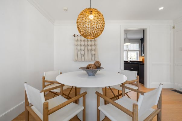 Dining room, Interior, Pendant Lights, Recessed Lighting, Wood Texture Flooring