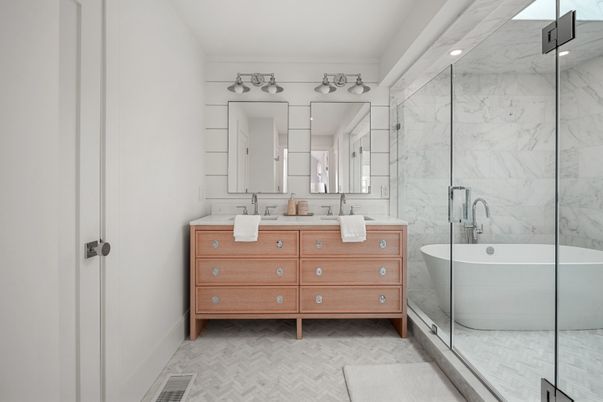 Bathroom, Dual Sink Vanities, Free Standing Baths, Glass Shower, Interior, Marble Walls, Recessed Lighting