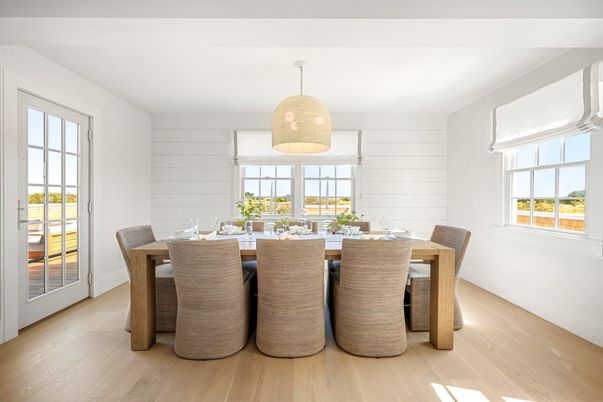 Dining room, Interior, Pendant Lights, Wood Texture Flooring