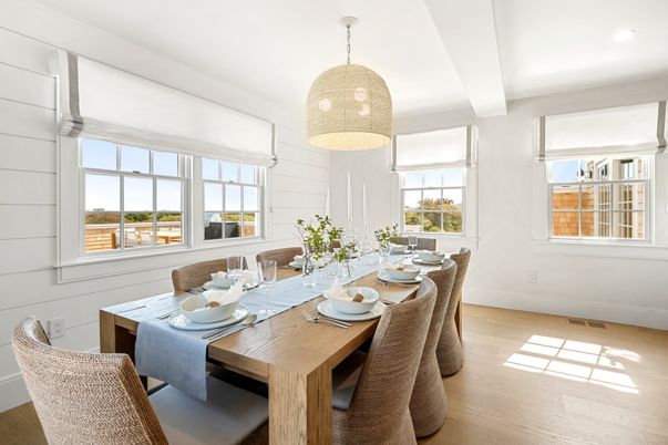 Dining room, Interior, Pendant Lights, Recessed Lighting, Wood Texture Flooring