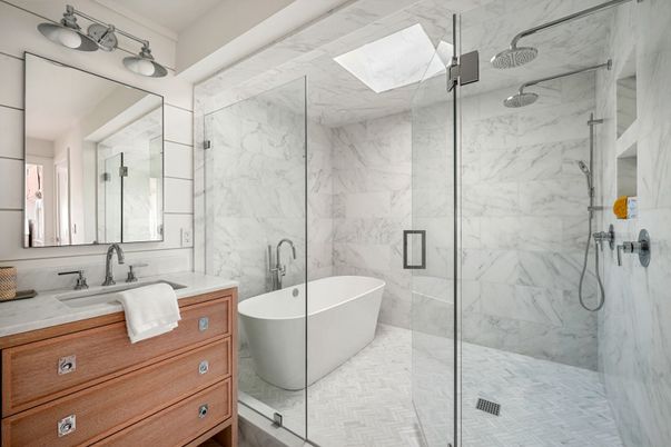 Bathroom, Free Standing Baths, Glass Shower, Interior, Marble, Marble Walls