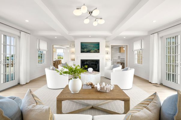 Fireplace, Interior, Living room, Pendant Lights, Recessed Lighting, Wood Texture Flooring
