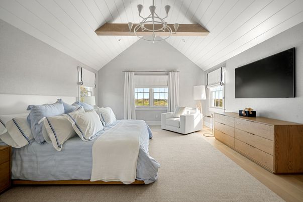 Bedroom, Interior, Pendant Lights, Wooden Beams, Wood Texture Flooring