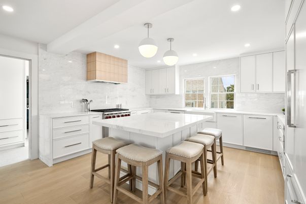 Interior, Kitchen, Marble Walls, Pendant Lights, Recessed Lighting, Stainless Steel Appliances, Wood Texture Flooring