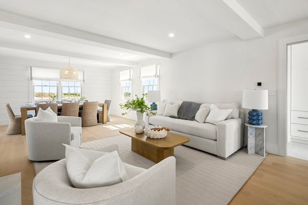Dining room, Interior, Living room, Pendant Lights, Recessed Lighting, Wood Texture Flooring