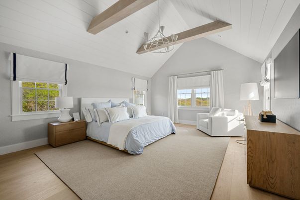 Bedroom, Interior, Pendant Lights, Wooden Beams, Wood Texture Flooring