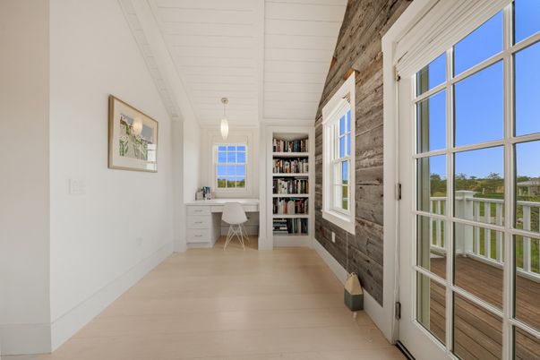 Home Office, Interior, Pendant Lights, Wood Texture Flooring, Wooden Walls
