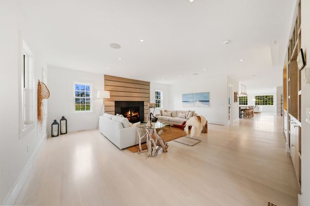 Dining room, Fireplace, Interior, Living room, Pendant Lights, Recessed Lighting, Wood Texture Flooring