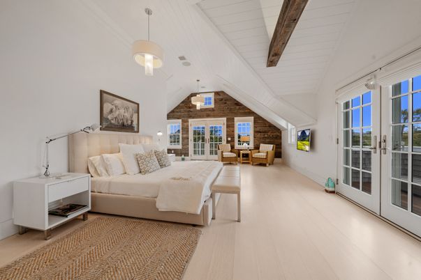 Bedroom, Dining room, Interior, Pendant Lights, Wooden Beams, Wood Texture Flooring, Wooden Walls