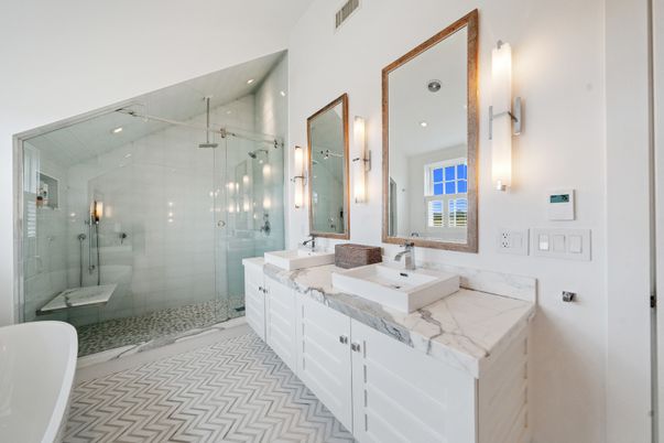 Bathroom, Dual Sink Vanities, Glass Shower, Interior, Recessed Lighting