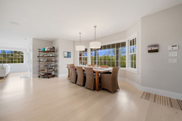 Dining room, Interior, Pendant Lights, Recessed Lighting, Wood Texture Flooring