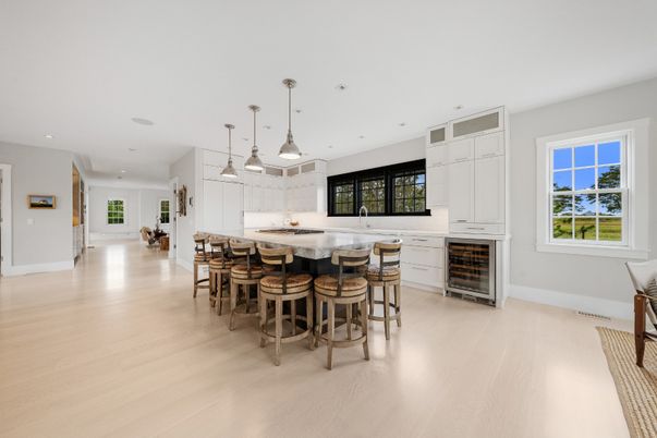 Dining room, Interior, Kitchen, Pendant Lights, Recessed Lighting, Wood Texture Flooring