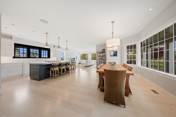 Dining room, Interior, Kitchen, Pendant Lights, Recessed Lighting, Wood Texture Flooring
