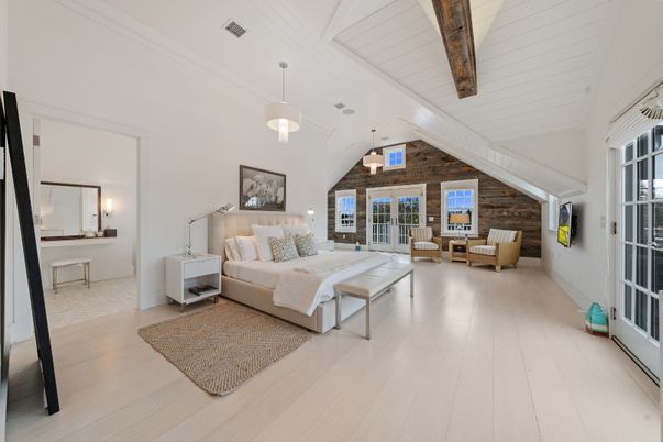 Bedroom, Interior, Pendant Lights, Wood Texture Flooring, Wooden Walls