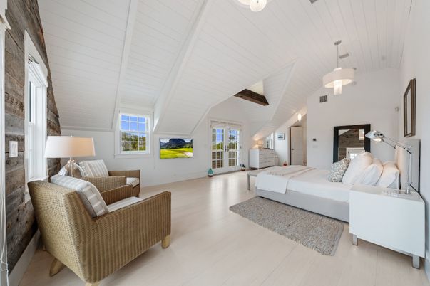 Bedroom, Fireplace, Interior, Living room, Pendant Lights, Wood Texture Flooring