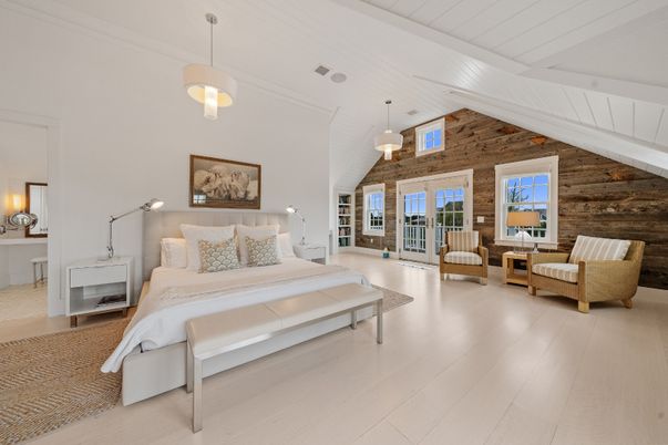 Bedroom, Interior, Pendant Lights, Wood Texture Flooring, Wooden Walls