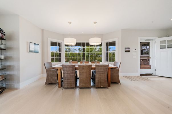 Dining room, Interior, Pendant Lights, Recessed Lighting, Wood Texture Flooring