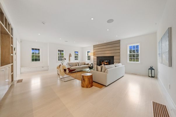 Fireplace, Interior, Living room, Recessed Lighting, Wood Texture Flooring