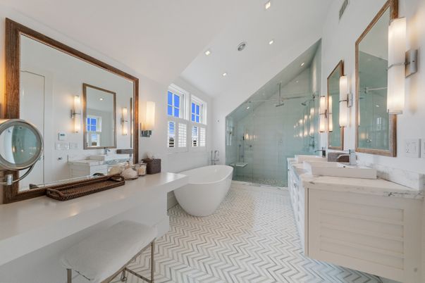 Bathroom, Dual Sink Vanities, Free Standing Baths, Glass Shower, Interior, Recessed Lighting