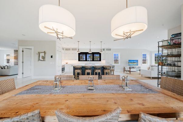 Dining room, Interior, Kitchen, Living room, Pendant Lights, Wood Texture Flooring