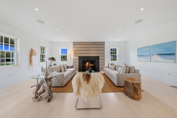 Fireplace, Interior, Living room, Recessed Lighting, Wood Texture Flooring