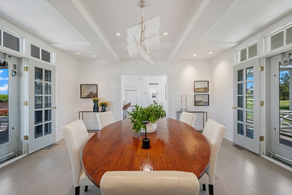 Dining room, Interior, Pendant Lights, Recessed Lighting, Wood Texture Flooring