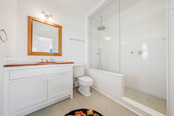 Bathroom, Glass Shower, Interior, Wood Texture Flooring