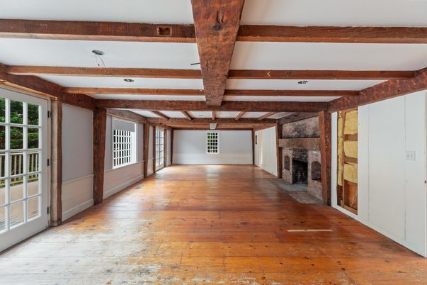 Empty room, Fireplace, Interior, Wooden Beams, Wood Texture Flooring