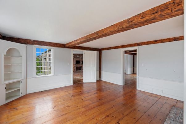 Empty room, Fireplace, Interior, Wooden Beams, Wood Texture Flooring