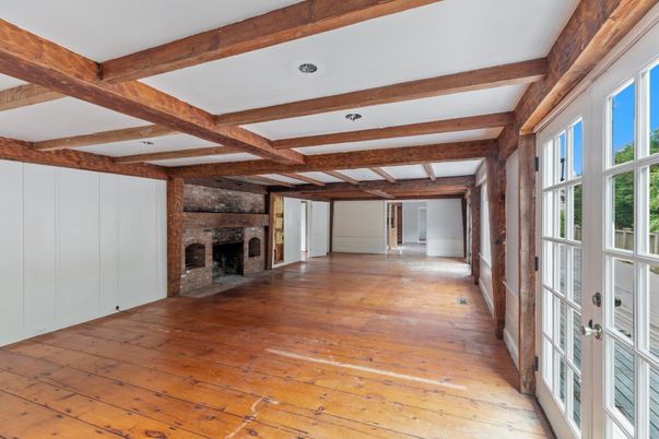 Empty room, Fireplace, Interior, Wooden Beams, Wood Texture Flooring