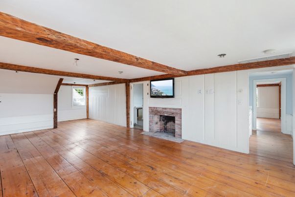 Empty room, Fireplace, Interior, Wooden Beams, Wood Texture Flooring