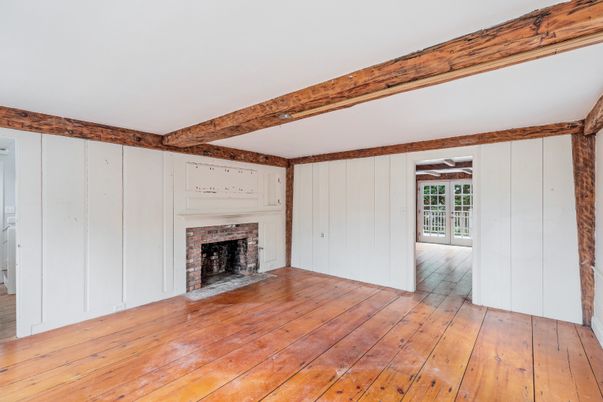 Empty room, Fireplace, Interior, Wooden Beams, Wood Texture Flooring