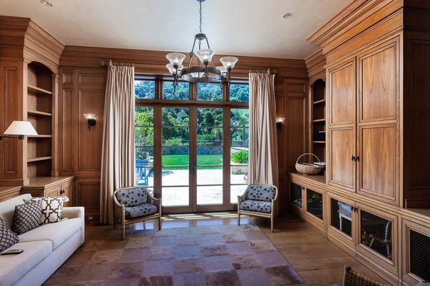 Chandelier, Interior, Recessed Lighting, Wood Texture Flooring, Wooden Walls