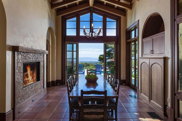 Chandelier, Dining room, Fireplace, Interior, Wooden Beams