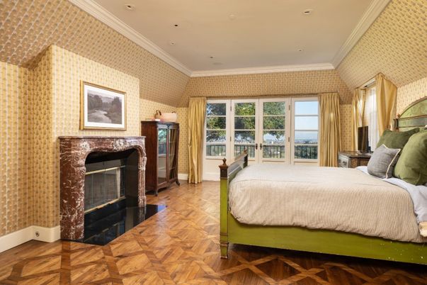 Bedroom, Fireplace, Interior, Recessed Lighting, Wood Texture Flooring