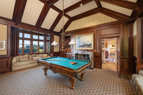 Billiard Table, Fireplace, Game Room, Interior, Wooden Beams