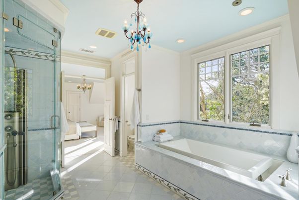 Bathroom, Chandelier, Glass Shower, Interior, Recessed Lighting