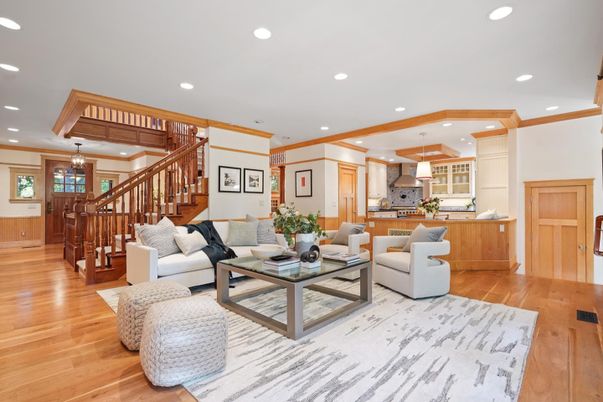 Interior, Kitchen, Living room, Pendant Lights, Recessed Lighting, Wood Texture Flooring