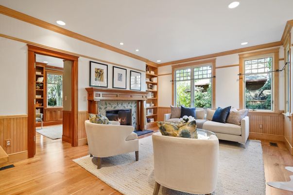 Fireplace, Interior, Living room, Recessed Lighting, Wood Texture Flooring