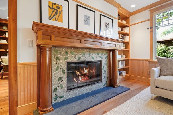 Fireplace, Interior, Recessed Lighting, Wood Texture Flooring