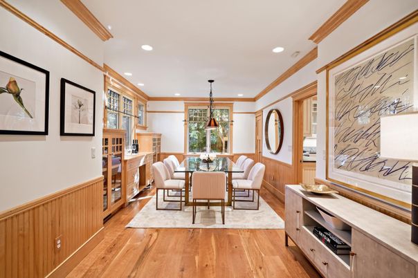 Dining room, Interior, Pendant Lights, Recessed Lighting, Wood Texture Flooring