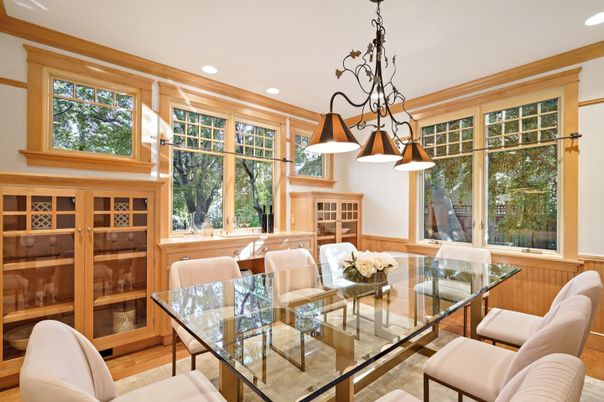 Dining room, Interior, Pendant Lights, Recessed Lighting, Wood Texture Flooring