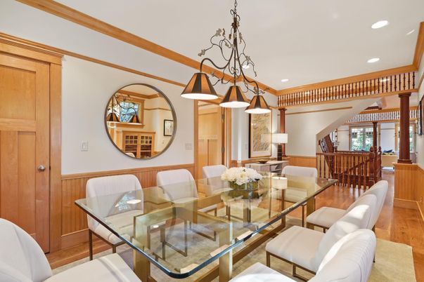 Dining room, Interior, Pendant Lights, Recessed Lighting, Wood Texture Flooring