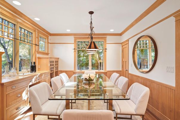 Dining room, Interior, Pendant Lights, Recessed Lighting, Wood Texture Flooring